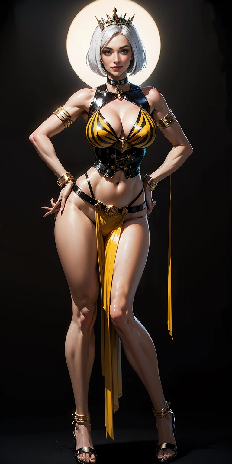 ((BLACK BACKGROUND)) female full body standing straight symmetrical with two long thighs and two metal sandals, red eyes like rubies, looking to the viewer, silver white hair, short bob style hair, big knockers breastplate, breastplate, cleavage, tiara royal, yellow bikini (yellow tiger stripes), lustful smirking smiling, smile face (red blushed, red cheeks), metal shoulders, gold sleeveless bracelets, separate sleeves, hands on waist hands OR hips, golden bracers, metal handcuffs, leather corset, red loincloth, black leather choker slave collar, shackles bracelets, slave red crest under navel, navel, big HUGE belt around waist hips, feet together, metal ankles