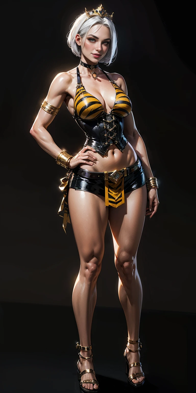 ((BLACK BACKGROUND)) female full body standing straight symmetrical with two long thighs and two metal sandals, red eyes like rubies, looking to the viewer, silver white hair, short bob style hair, big knockers breastplate, breastplate, cleavage, tiara royal, yellow bikini (yellow tiger stripes), lustful smirking smiling, smile face (red blushed, red cheeks), metal shoulders, gold sleeveless bracelets, separate sleeves, hands on waist hands OR hips, golden bracers, metal handcuffs, leather corset, red loincloth, black leather choker slave collar, shackles bracelets, slave red crest under navel, navel, big HUGE belt around waist hips, feet together, metal ankles