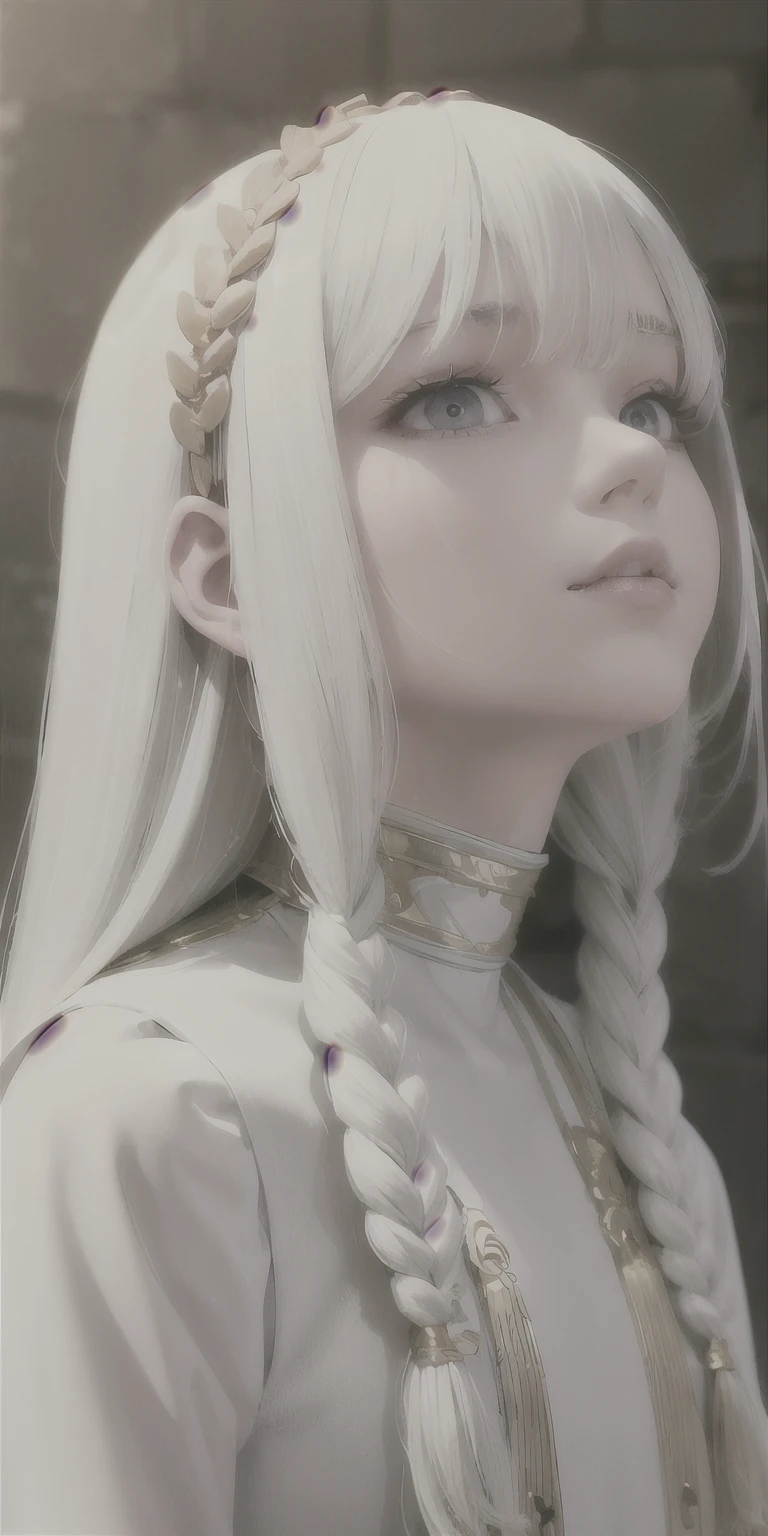 best quality, masterpiece,white hair, gold eyes,white clothes, looking up, upper body,hair strand,Fair skin,side braids, suisei hoshimachi, 8k, high res, absurdres, high detail, suisei, anime 2.5D style