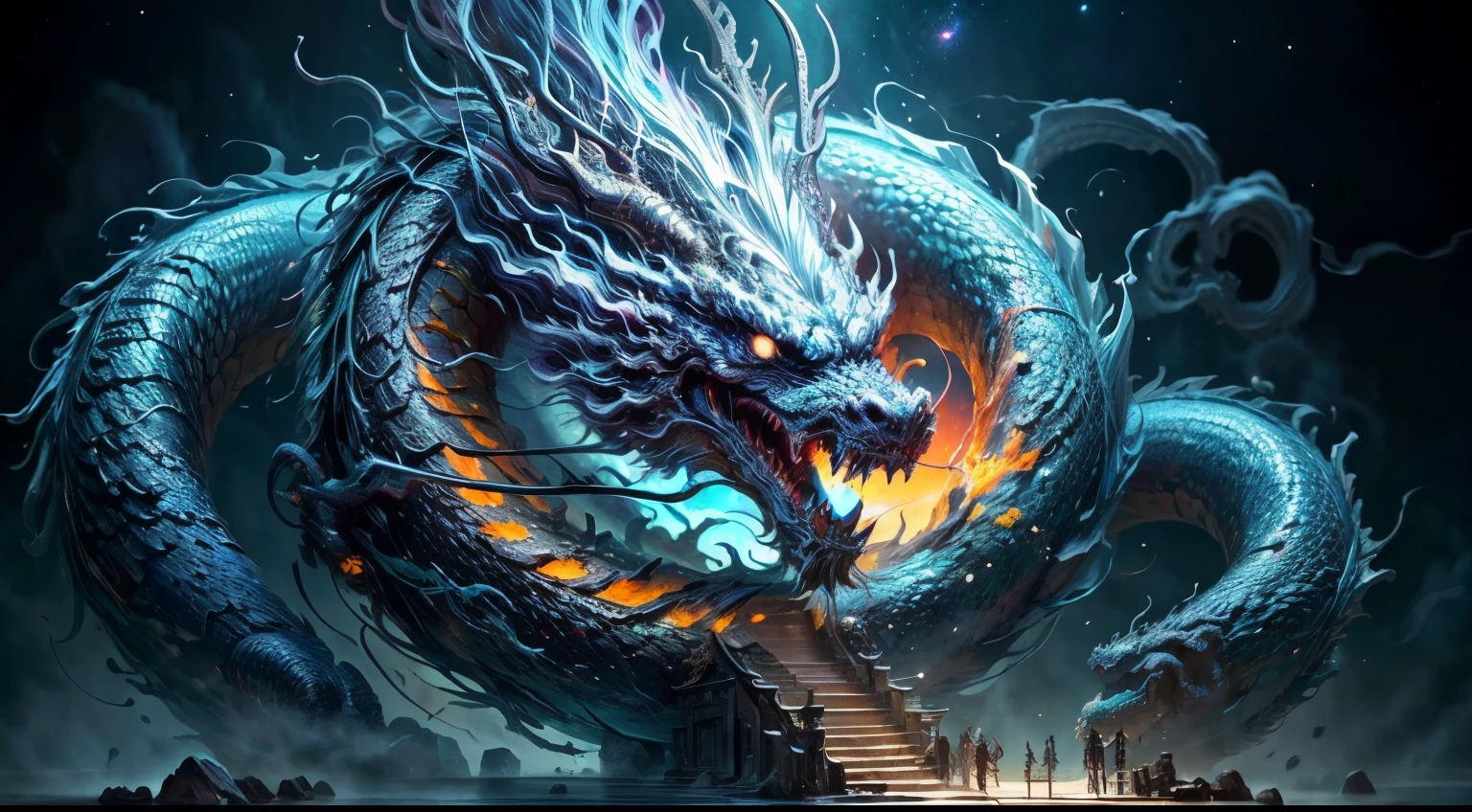 Nine dragons pulled an ancient stone coffin, Traveling in the boundless universe, The vast sky, Endless galaxy, Black hole event horizon, altar, Man gazes at the dragon with admiration, People in armor, Chinese Cultivation Novels, HDR, absurd, 4k image resolution, Surrealism, perfect details, Depth of Field, Beautiful Chinese dragon.