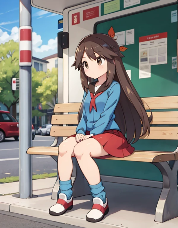 Leaf Pokémon sitting at a bus stop,Concentrated,地figureを見ている,Long Hair,Red Skirt, Blue Shirt, Brown eyes, loose socks, white footwear, Under the skirt, Body Type, Thin thighs,Confused,figure,Has detailed faces and expressions,Detailed Hair,