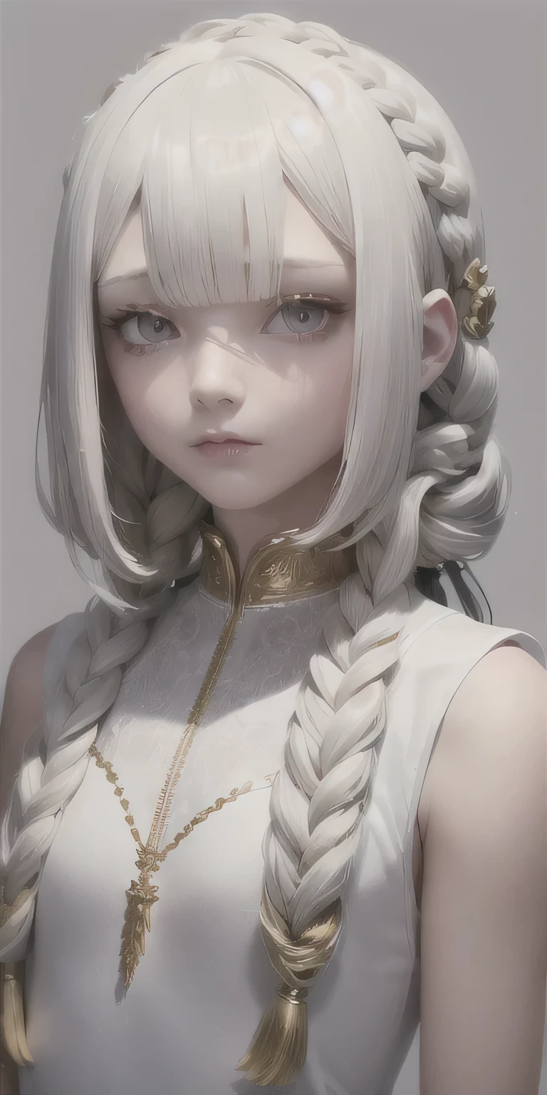best quality, masterpiece,white hair, gold eyes,white clothes, looking up, upper body,hair strand,Fair skin,side braids