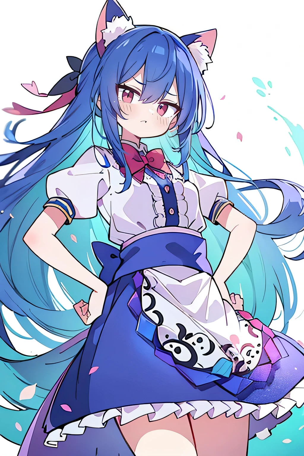 (masterpiece),best quality, expressive eyes, perfect face, 1girl,
Put your hands on your waist,fair, Gorgeous,Japanese cartoons,girl,lola,Hina Angel, blue hair, blue haired, floating clothes,Grab your waist, Grab your waist, hands on hips , hands on hips,sit, sit on ground, Legs on the ground, flat chest,cat ears,Petals fall,red eyes,gentle face,