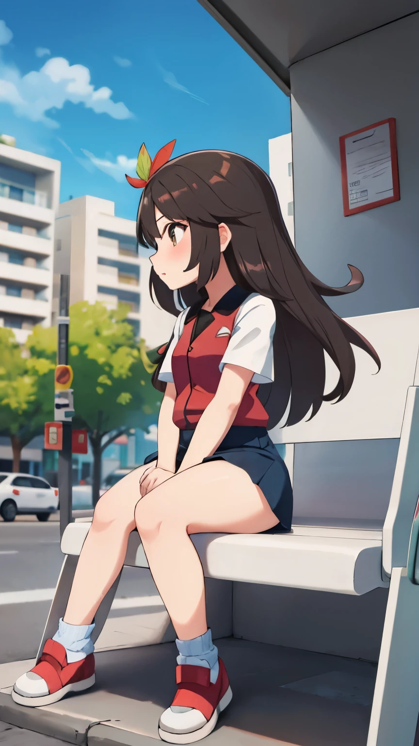 Leaf Pokémon sitting at a bus stop.,enfocado, pelo largo,falda roja, camisa azul, Brown eyes, calcetines sueltos, calzado blanco, upskirt, forma del cuerpo, muslos gorditos,confundido, con un novio,illustration,have a detailed face and expression,cabello detallado,hermosos ojos y labios,luz,paisaje urbano,Cielo limpio,vivid colors,Sombras bien definidas, doggystyle sex sitting, With a black boy, black cock