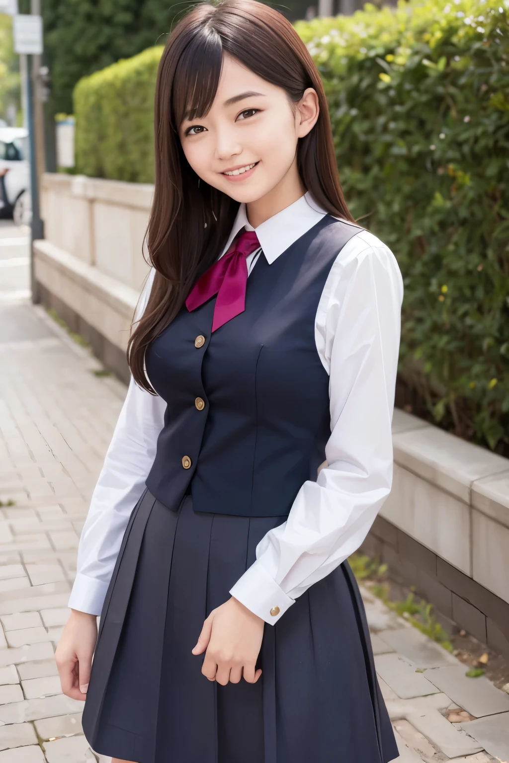 Girl and girl, ((uniform)), blouse, lifts skirt, light smile, outdoors,