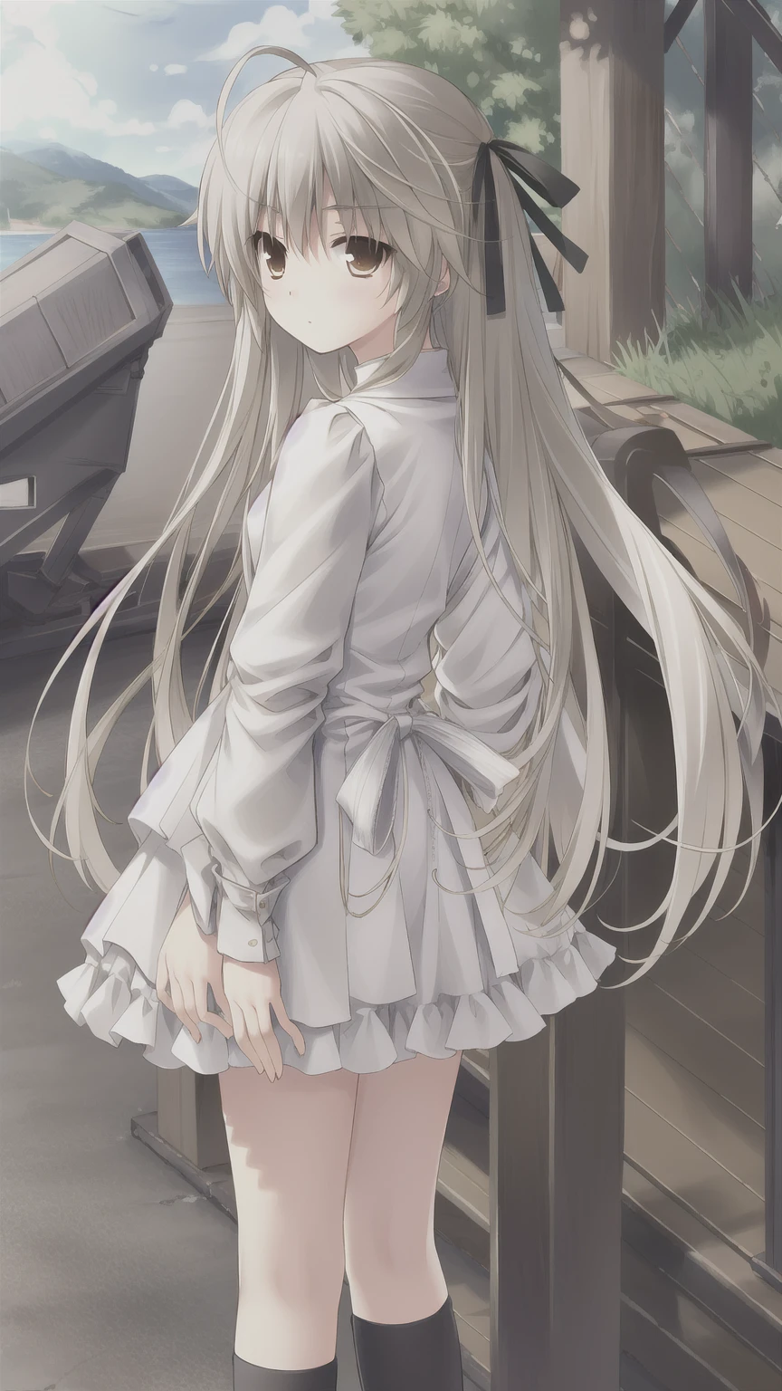 ((masterpiece:1.4, best quality)) ,Kasugano Sora,Naughty and energetic girl,Brown eyes,Happy,Long straight hair，Black knee-high socks Jane Shoes，summer，Light blue jacket，