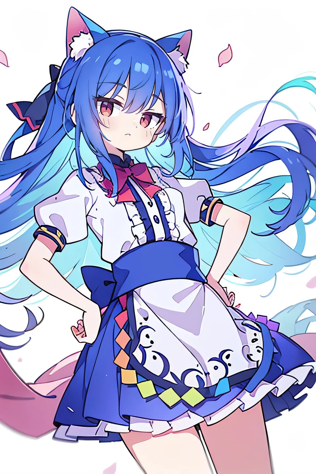(masterpiece),best quality, expressive eyes, perfect face, 1girl,
Put your hands on your waist,fair, Gorgeous,Japanese cartoons,girl,lola,Hina Angel, blue hair, blue haired, floating clothes,Grab your waist, Grab your waist, hands on hips , hands on hips,sit, sit on ground, Legs on the ground, flat chest,cat ears,Petals fall,red eyes,gentle face,