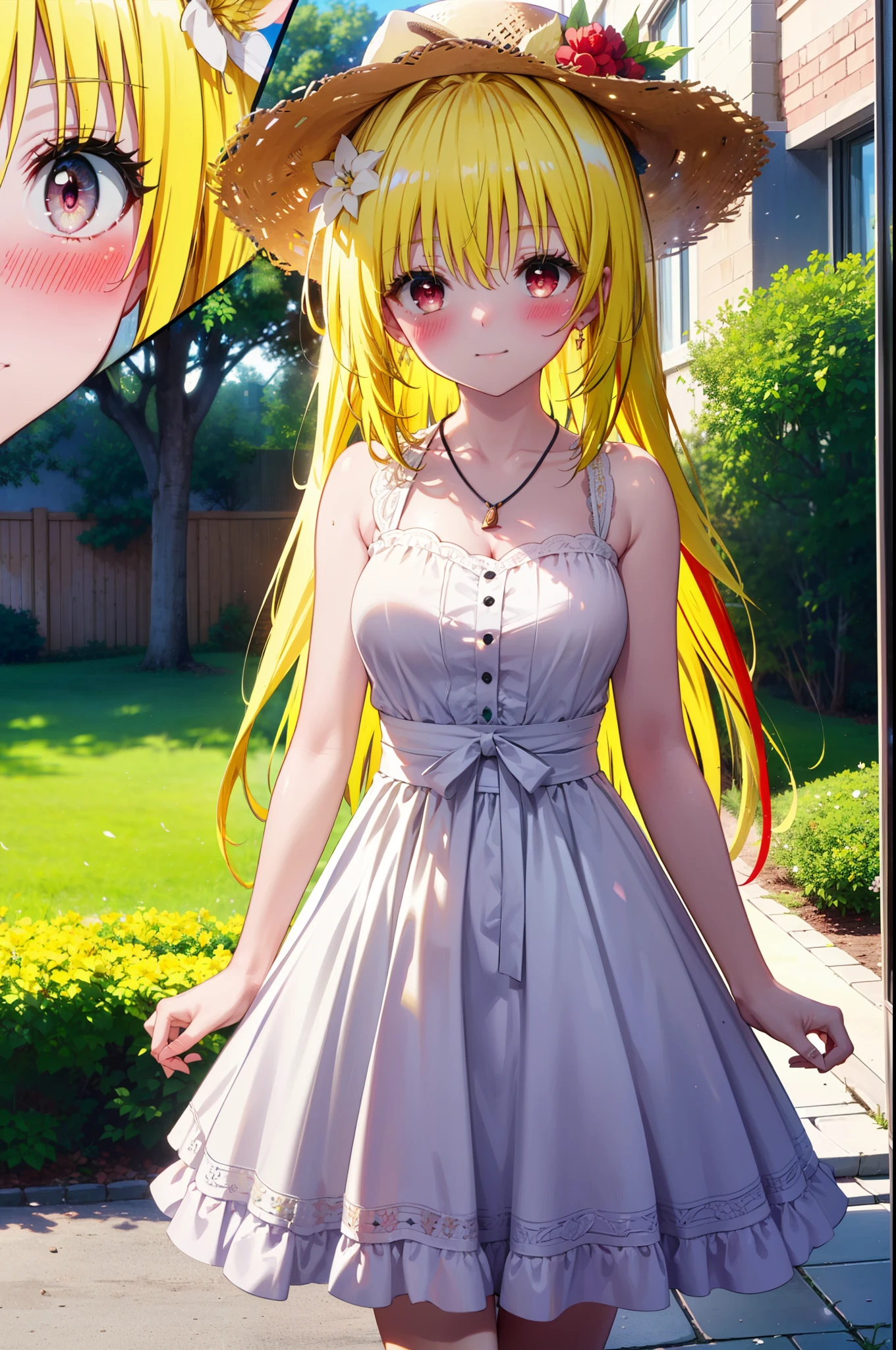 toloverumy, my, (yellow hair:1.5), Long Hair, (Red eyes:1.5), (hair ornaments:1.2), smile,blush, Embarrassing,Big straw hat,Long skirt integrated sleeveless dress,Heart Necklace,Bare arms,Bare neck cute sandals,True Summer,Daytime,
break outdoors, garden,
break looking at viewer, (Cowboy Shot:1.5),
break (masterpiece:1.2), highest quality, High resolution, unity 8k wallpaper, (figure:0.8), (Beautiful fine details:1.6), Highly detailed face, Perfect lighting, Highly detailed CG, (Perfect hands, Perfect Anatomy),