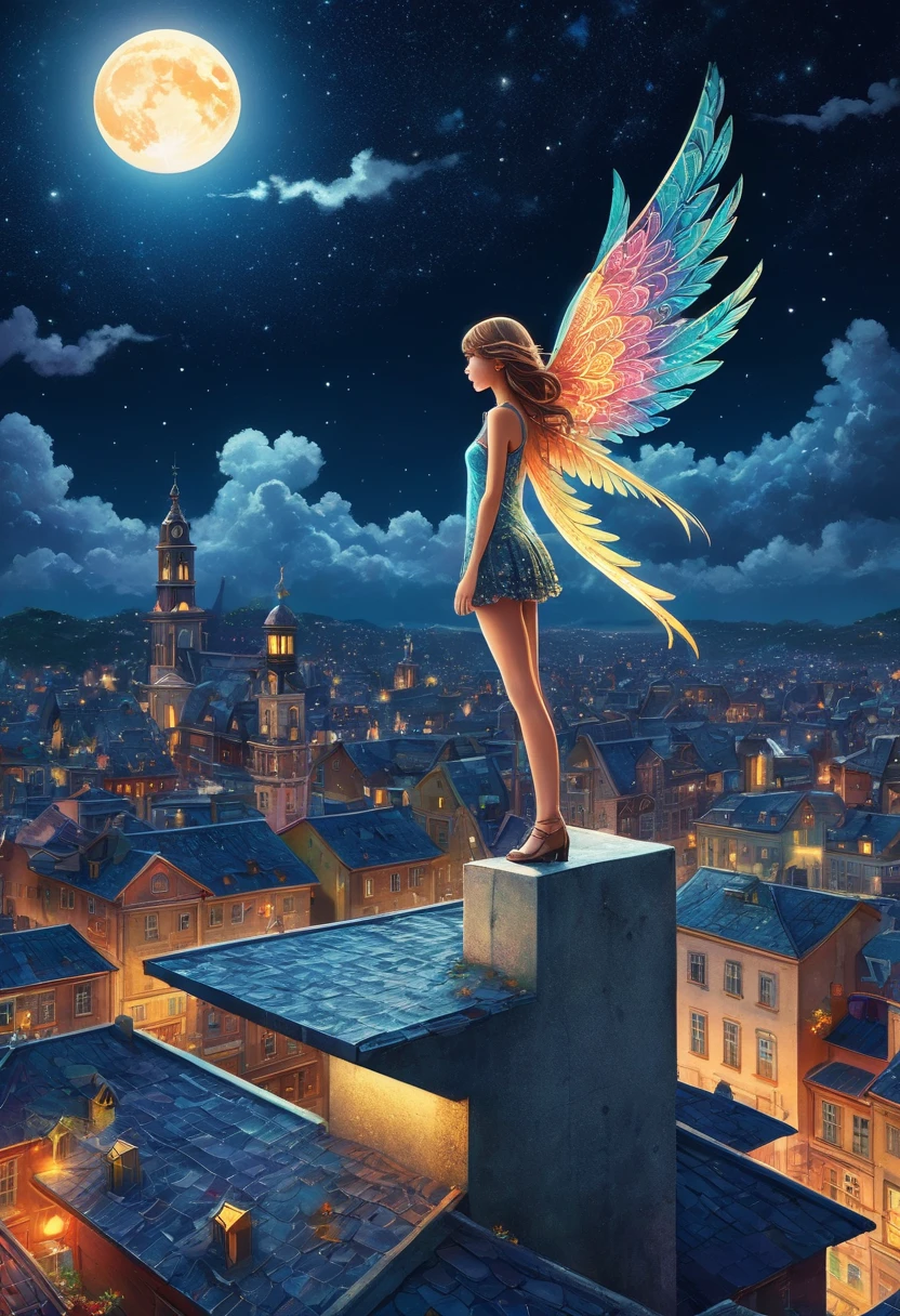 A winged girl standing on the roof of a concrete building,Angel:,I'm about to take off,The night cityscape spreads out below,Night view,Starry Sky,full moon,fashionable,trendy,An illustration,,dream-like,Fantasy,Intricate details,カラーAn illustration,Zentangle Elements,rendering,colorful,colorfulな呪文を唱える,Wide range of colors,Intricate details,rendering,,masterpiece,最高masterpiece,highest quality,Beautiful light and shadow,
