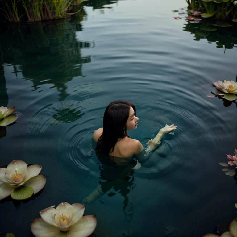 a little thumbelina girl on a huge water lily on a pond, a picture from a lower angle, naked, full nude