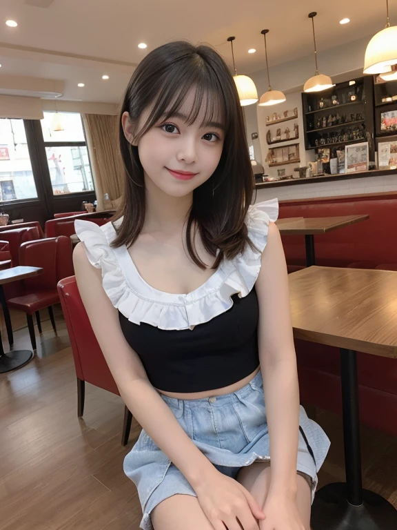  N.F.S.W.、highest quality、disorganized、super detailed、finely、High resolution、8k wallpaper、perfect dynamic composition、beautiful and fine eyes、frilled mini skirt、medium hair、bangs、small breasts、natural color lip、smile、Cafe、Japanese、 girl、cute,  looking at camera、Always blur the background、perfect and beautiful face、beautiful and detailed face、slim face and style