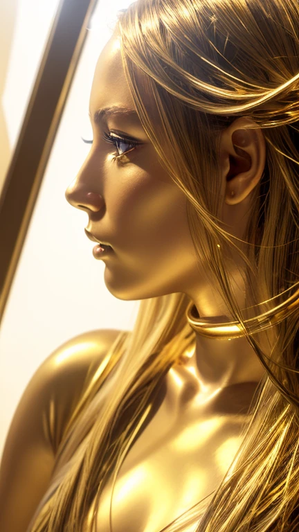 Gold face、Detailed shot of a realistic girl&#39;s profile, golden skin、golden eyeade of highly polished gold, platinum and gold, Beautiful gold face and eyes, With golden ratio composition, In an empty room with a large window that lets in warm light.,sitting、 16k, Hmm