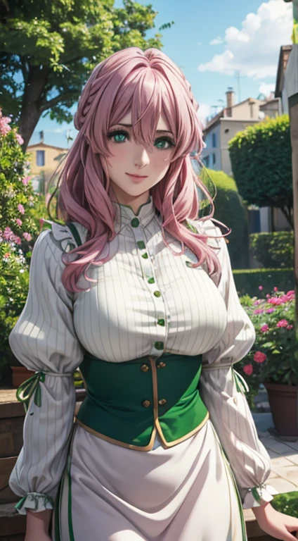 Cute Italian girl, big breasts , Italian lady, Model, long open hair, hair floating,  green color full sleeve clothes, white apron, green eyes and pink hair, short skirt, ultra realistic eyes , sunlight and garden background, bright purple eyes, ultra realistic detailed eyes, innocent eyes, looking at camera, beautiful smile, beautiful face ,pink color hair