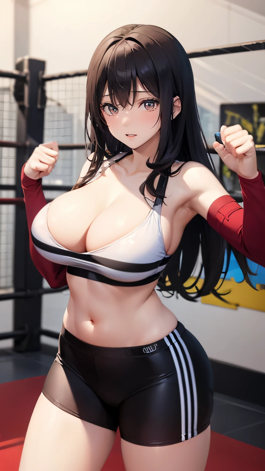 (Very delicate and beautiful:1.2)super model,,Big Breasts,Beautiful breasts,voluptuous,【bike shorts】,,【3 girls】,【mutiple girls】,highest quality, High resolution, 8K,, big breasts, 【many people】, Vivid details, ,Idol Group,【Group of girls】,【boxing】,Combat readiness