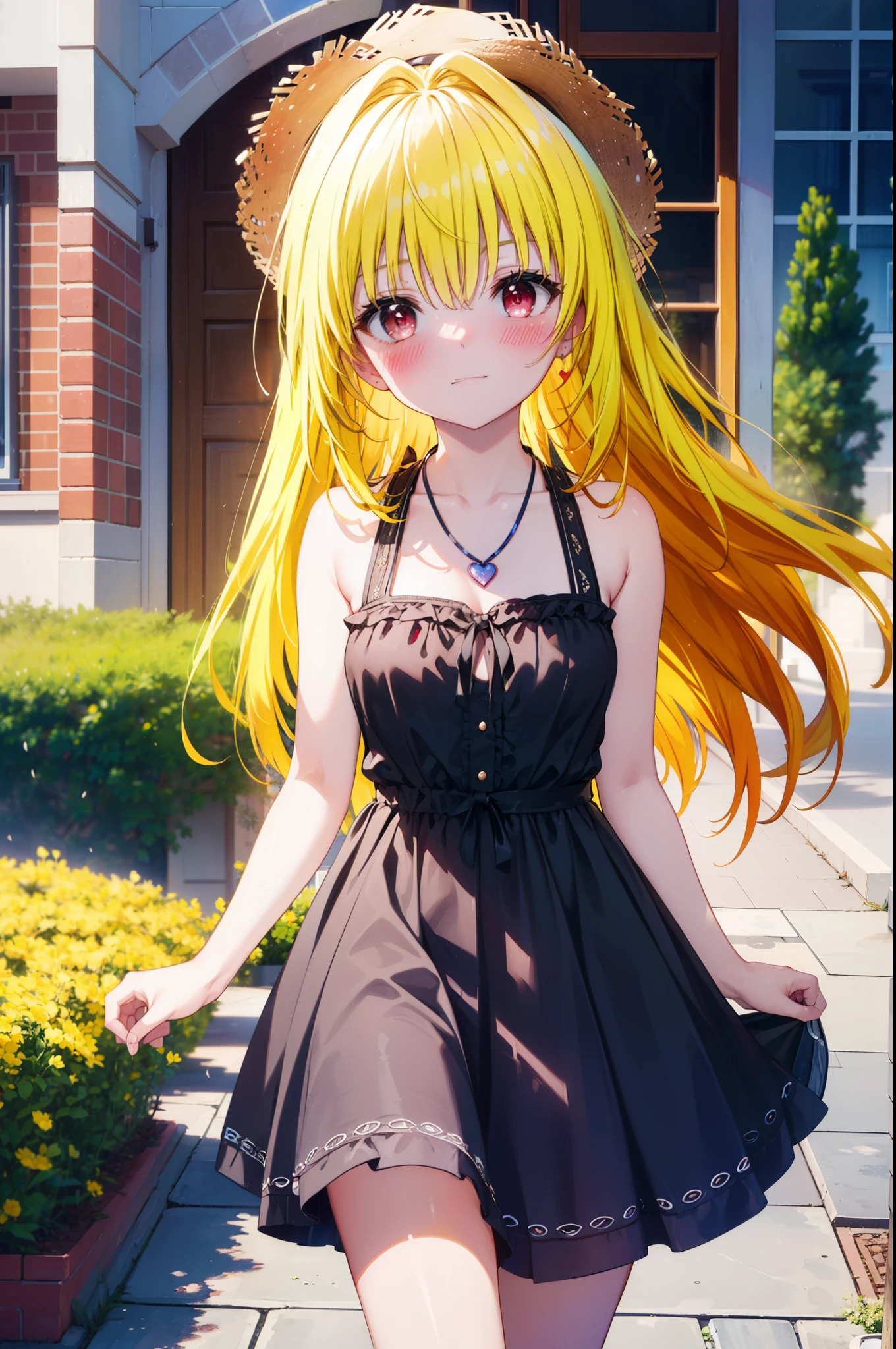 toloverumy, my, (yellow hair:1.5), Long Hair, (Red eyes:1.5), smile,blush, Embarrassing,Big straw hat,Long skirt integrated sleeveless dress,Heart Necklace,Bare arms,Bare neck cute sandals,True Summer,Daytime,
break outdoors, garden,
break looking at viewer, (Cowboy Shot:1.5),
break (masterpiece:1.2), highest quality, High resolution, unity 8k wallpaper, (figure:0.8), (Beautiful fine details:1.6), Highly detailed face, Perfect lighting, Highly detailed CG, (Perfect hands, Perfect Anatomy),