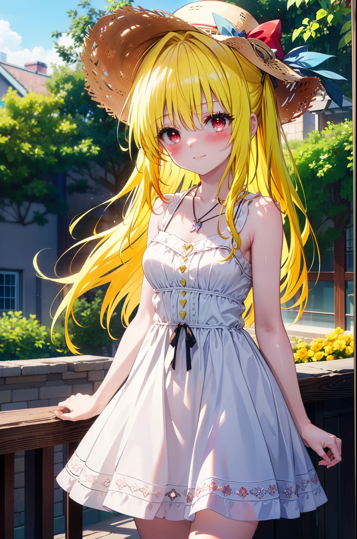 toloverumy, my, (yellow hair:1.5), Long Hair, (Red eyes:1.5), smile,blush, Embarrassing,Big straw hat,Long skirt integrated sleeveless dress,Heart Necklace,Bare arms,Bare neck cute sandals,True Summer,Daytime,
break outdoors, garden,
break looking at viewer, (Cowboy Shot:1.5),
break (masterpiece:1.2), highest quality, High resolution, unity 8k wallpaper, (figure:0.8), (Beautiful fine details:1.6), Highly detailed face, Perfect lighting, Highly detailed CG, (Perfect hands, Perfect Anatomy),