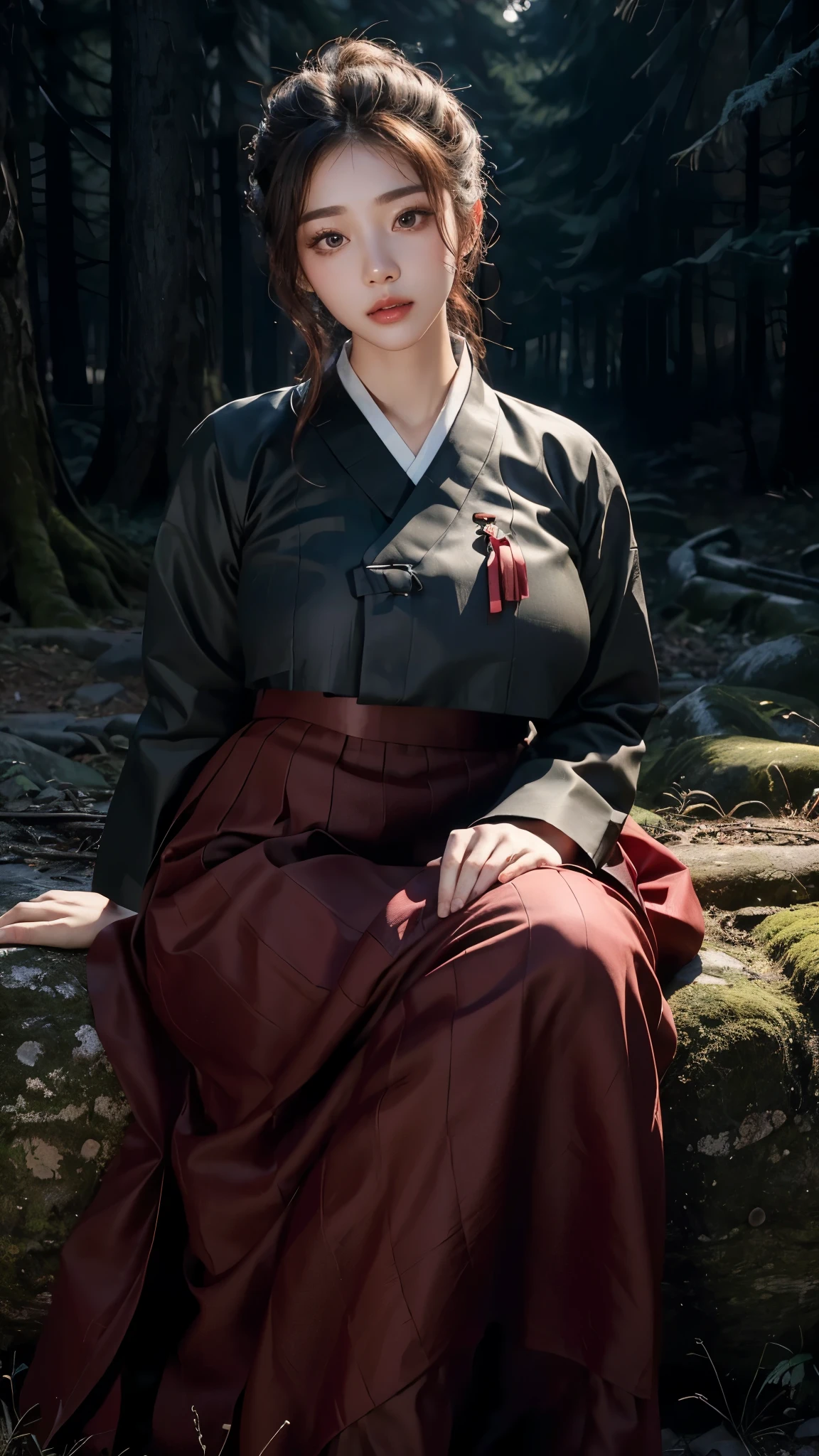 (best quality, 8K, masterpiece: 1.3), ((((((Incredibly huge breasts: 0.8))))), hairpin, (beautiful face:1.3), Dark Forest, chill, old tree,authentic hanbok, Red skirt, dark background, dark at night