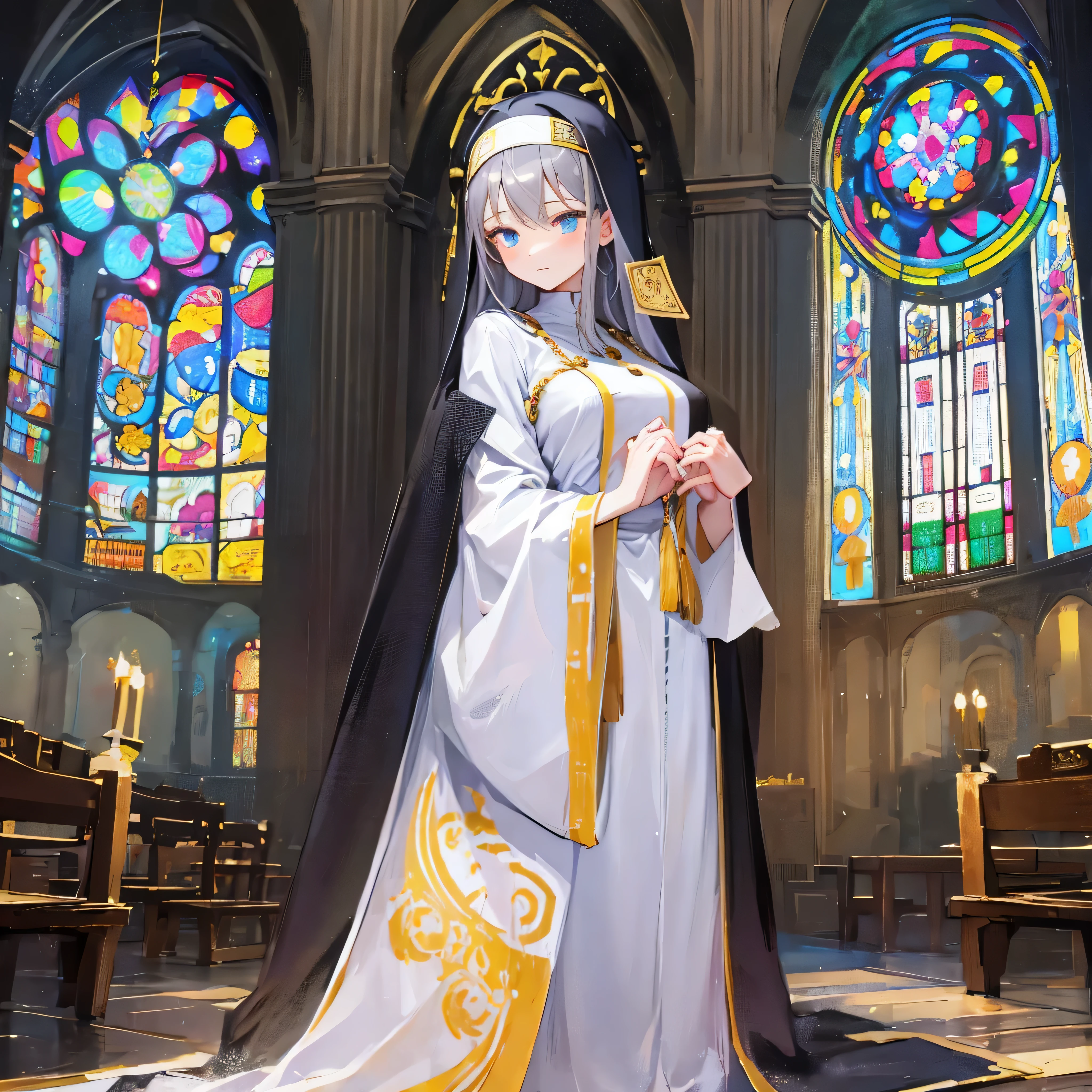 (solo), (1 praying cute nun:1.3) standing in church, (praying with holding hands together over chest:1.2), very skinny, (sheer long black robe:1.5), (disproportionately gigantic breasts:1.3), (bursting perky breasts:1.2), inconceivably narrow waist, too short torso, skinny long legs, closing eyes, nose blush, open mouth, (heavy breathing:1.2), stained glass in distance, full body, 8k, ultra-detailed, masterpiece, beautiful detailed hair, (nsfw:0.3)