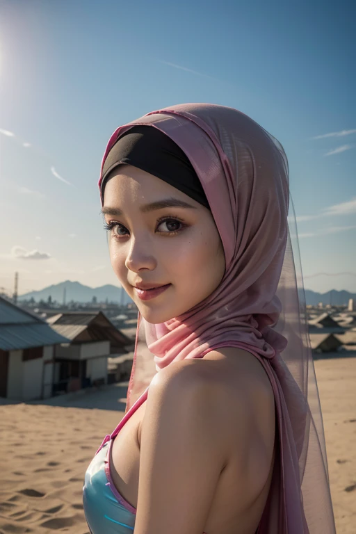 Masterpiece, best quality, highres, indonesian woman, ninja cosplayer wearing satin transparent hijab, looking at the camera with a sweet smile, perfection, dynamic, pink blue, smooth, sharp focus, illustration, art, detailed face, 4k, sky palace background, eyes brown green