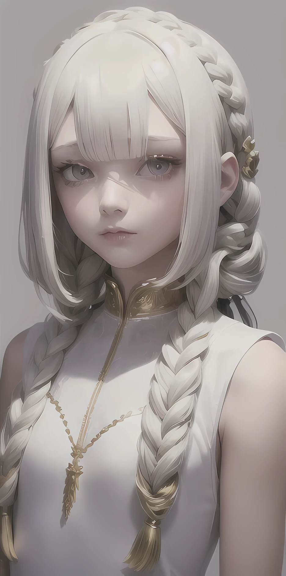 best quality, masterpiece,white hair, gold eyes,white clothes, looking up, upper body,hair strand,Fair skin,side braids