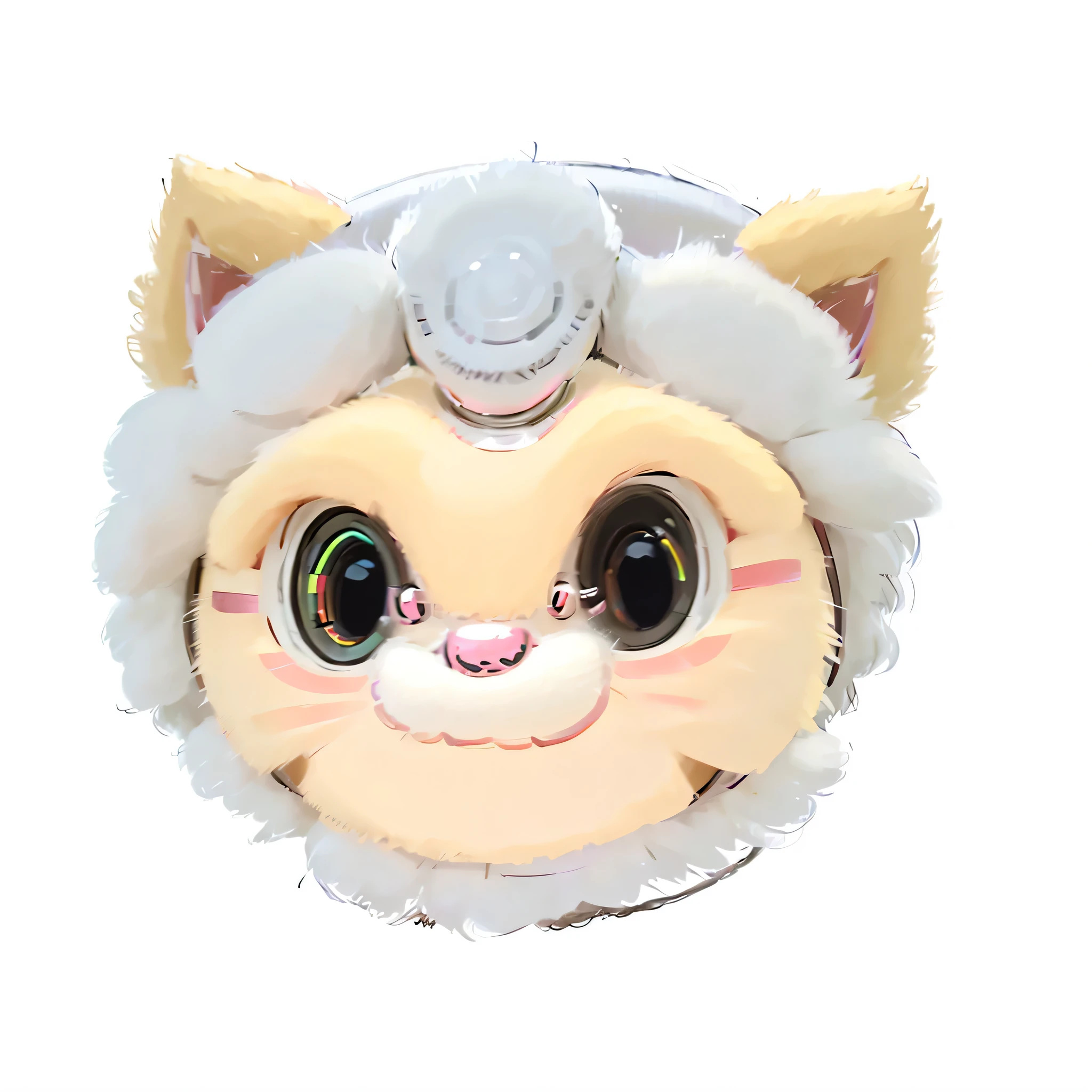 A cartoon cat in a high-tech helmet on a white background, Smiling face，High-tech helmets and headphones，Kawaii cat, Cat head, Cat Face, Smiling cat,, cute cat, Cat design, Furry cat, very beautiful cute cat，Anime cat, Round and cute Smiling face, cute cat, Pay attention to this cat wearing a high-tech helmet and high-tech headphones. A futuristic cat with a futuristic sense of technology，Cat with a smiling expression on its face，Smiling cute cat