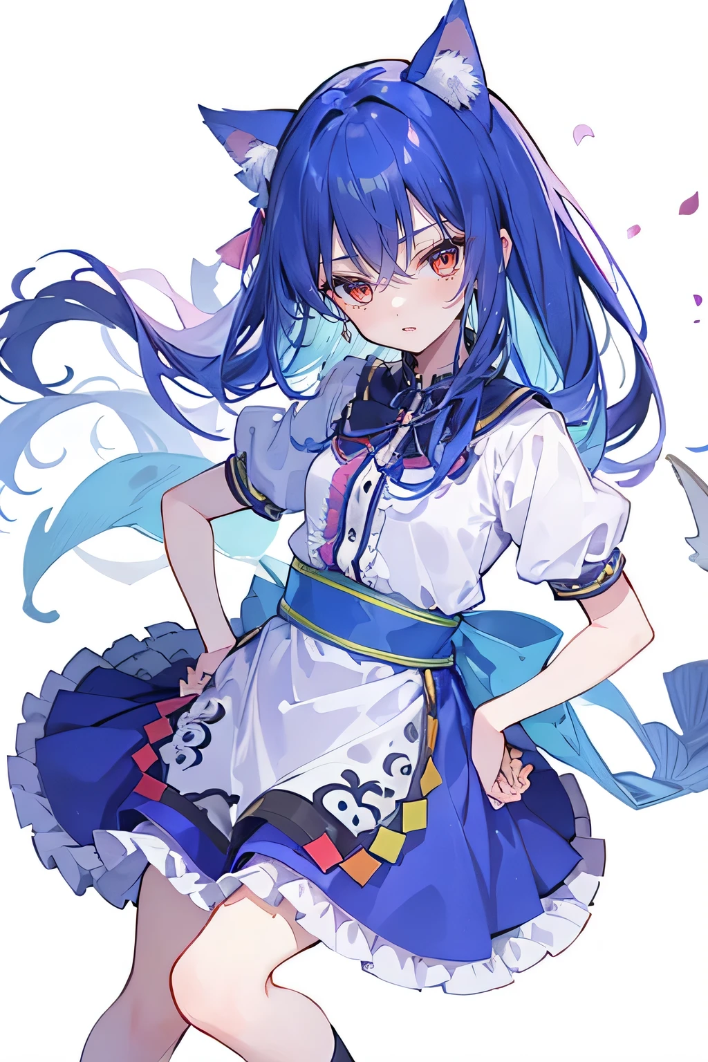 (masterpiece),best quality, expressive eyes, perfect face, 1girl,
Put your hands on your waist,fair, Gorgeous,Japanese cartoons,girl,lola,Hina Angel, blue hair, blue haired, floating clothes,Grab your waist, Grab your waist, hands on hips , hands on hips,sit, sit on ground, Legs on the ground, flat chest,cat ears,Petals fall,red eyes,gentle face,