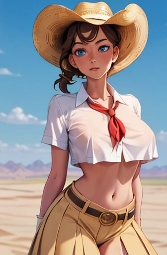 Cowgirl, (brown t-shirt), midriff, midriff jacket, cowboy hat, sexy 30 year old woman, (outdoor, mountain, sand, dust), ((naked from down)), (((naked pussy))), spread legs, ((medium breasts)), ((brown hair)), (tan skin)