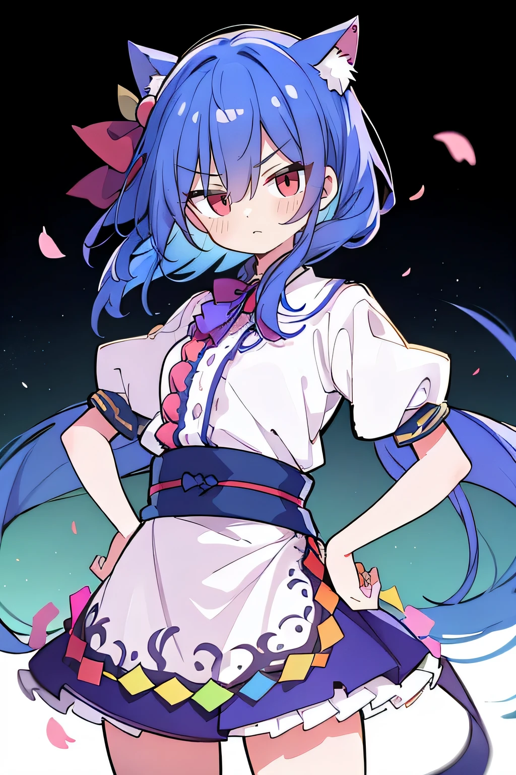 (masterpiece),best quality, expressive eyes, perfect face, 1girl,
Put your hands on your waist,fair, Gorgeous,Japanese cartoons,girl,lola,Hina Angel, blue hair, blue haired, floating clothes,Grab your waist, Grab your waist, hands on hips , hands on hips,sit, sit on ground, Legs on the ground, flat chest,cat ears,Petals fall,red eyes,gentle face,