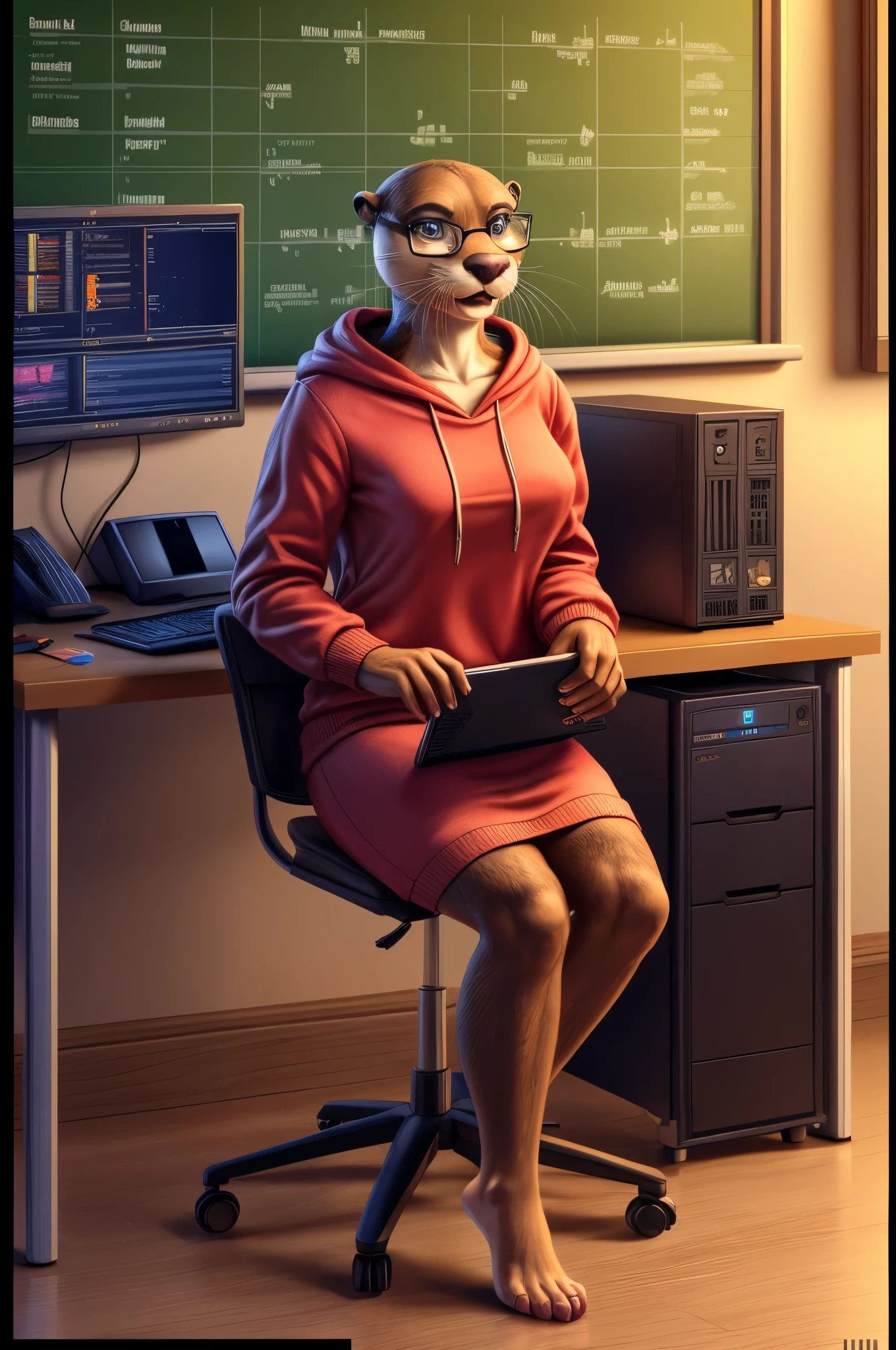 (((Barefoot furry character, full body, cinematic setting, furry female, plantigrade))) computer class scene with a tech-savvy otter ((teacher)) wearing a hoodie and glasses, sitting at a computer desk, surrounded by monitors and circuit boards. This otter represents the evil embodiment of ICT as a school subject, depicting stereotypes and prejudices towards ICT teachers. BREAK, detailed background, 8K, (masterpiece:1.5), intricate details, highly detailed, extreme detail, octane render, fine art, best quality, highres, (detailed face:1.5), ((full_body)), UHD, (((perfect hands))), low light