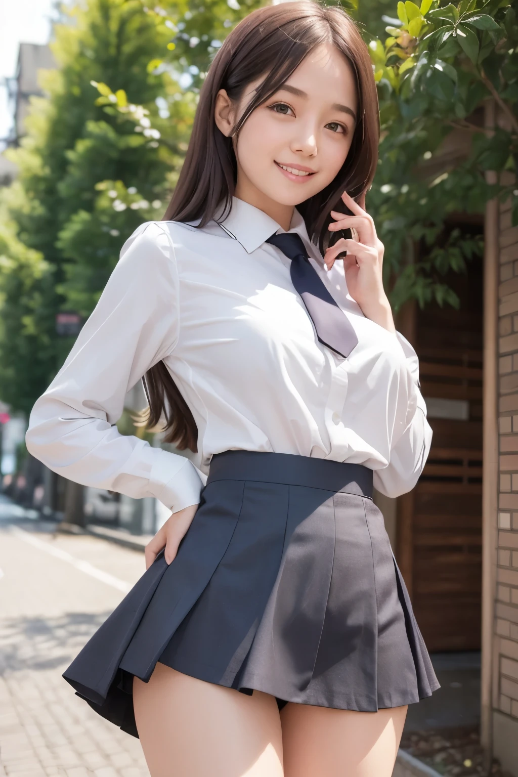 Girl and girl, ((uniform)), blouse, ((lifts skirt:1.2)), ((shows panties)), light smile, outdoors,