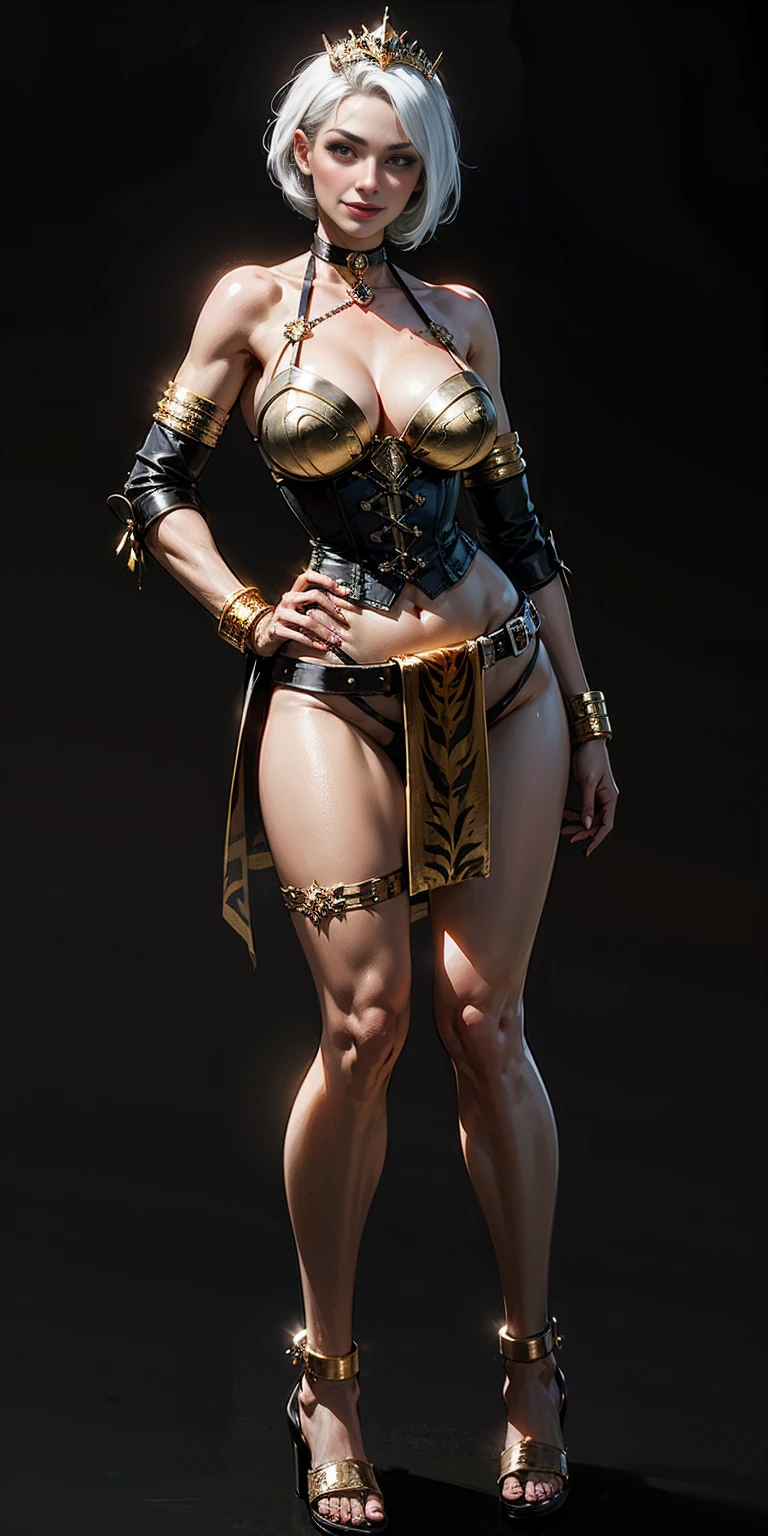 ((BLACK BACKGROUND)) female full body standing straight symmetrical two metal sandals, red eyes like rubies looking to the viewer, silver white hair short bob style hair, big knockers breastplate cleavage, tiara, lustful smirking smiling, smile face (red blushed, red cheeks), metal shoulders, gold sleeveless bracelets, separate sleeves, hands on waist hands OR hips, golden bracers, metal handcuffs, leather TIGER corset, red loincloth, black leather choker slave collar, shackles bracelets, slave red crest under navel, navel, big HUGE belt around waist hips, feet together, metal ankles