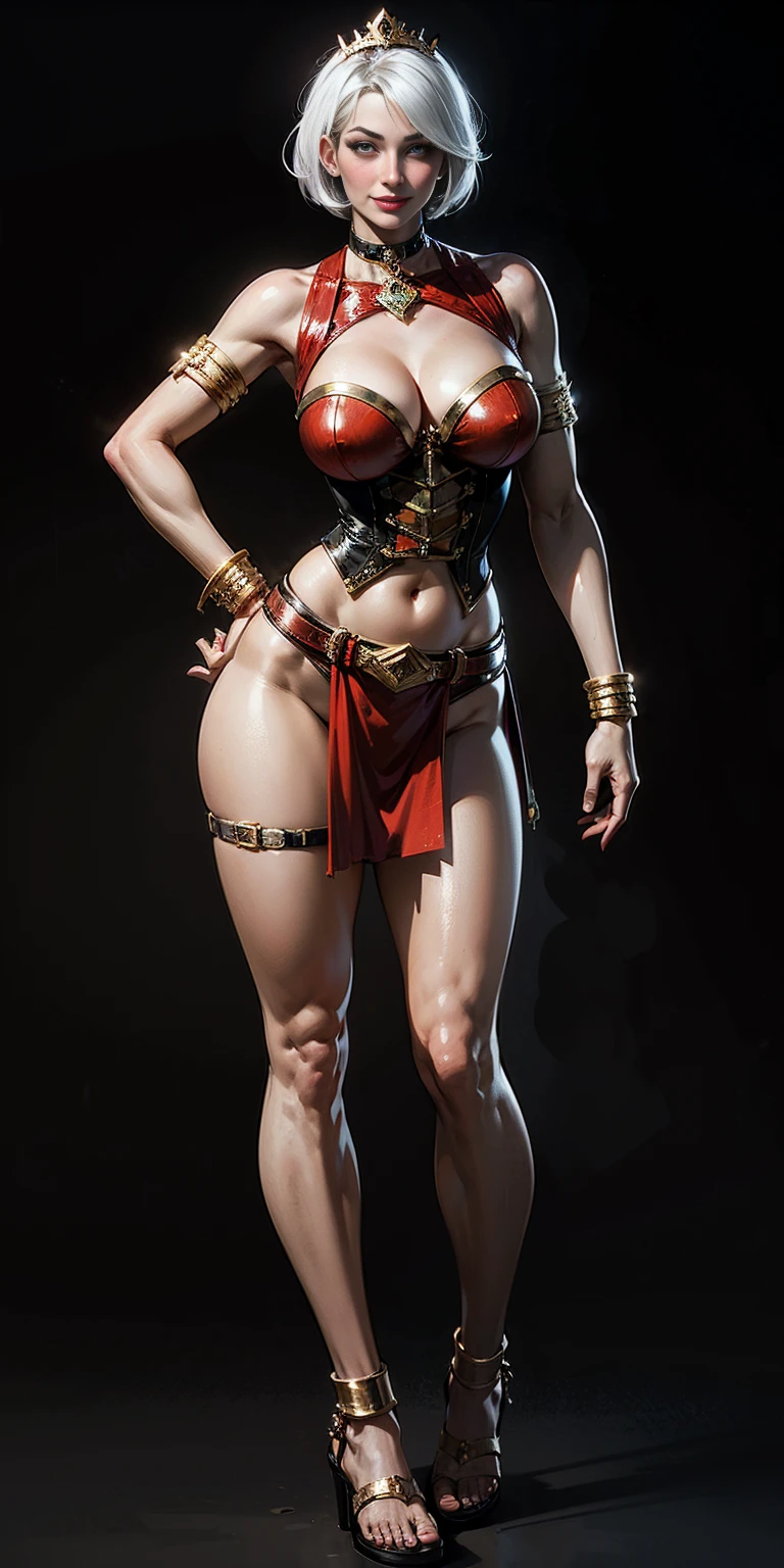 ((BLACK BACKGROUND)) female full body standing straight symmetrical two metal sandals, red eyes like rubies looking to the viewer, silver white hair short bob style hair, big knockers breastplate cleavage, tiara, lustful smirking smiling, smile face (red blushed, red cheeks), metal shoulders, gold sleeveless bracelets, separate sleeves, hands on waist hands OR hips, golden bracers, metal handcuffs, leather TIGER corset, red loincloth, black leather choker slave collar, shackles bracelets, slave red crest under navel, navel, big HUGE belt around waist hips, feet together, metal ankles