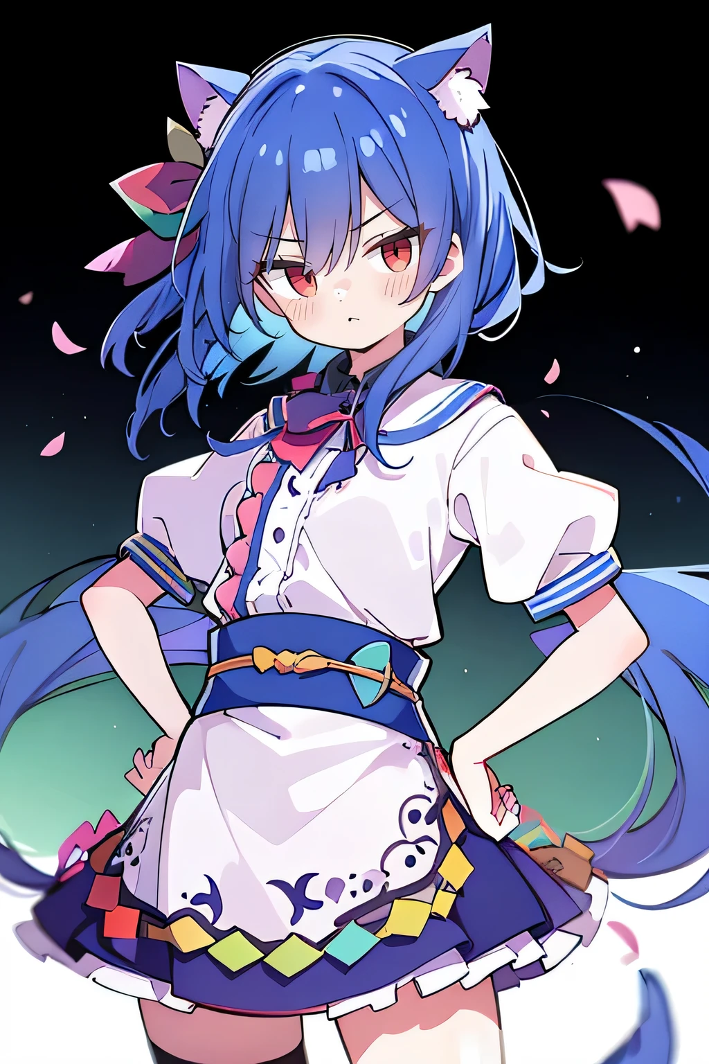 (masterpiece),best quality, expressive eyes, perfect face, 1girl,
Put your hands on your waist,fair, Gorgeous,Japanese cartoons,girl,lola,Hina Angel, blue hair, blue haired, floating clothes,Grab your waist, Grab your waist, hands on hips , hands on hips,sit, sit on ground, Legs on the ground, flat chest,cat ears,Petals fall,red eyes,gentle face,