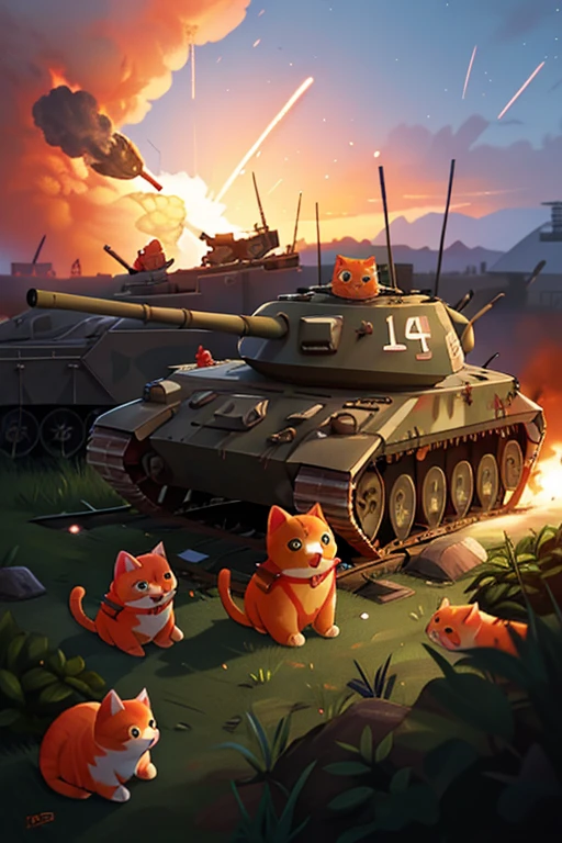 With explosions on the horizon, there are orange cat soldiers in a trench with guns on their shoulders. Tanks are coming on both sides, and generals are shouting orders