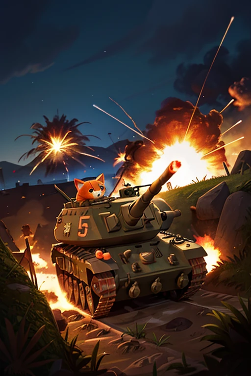 With explosions on the horizon, there are orange cat soldiers in a trench with guns on their shoulders. Tanks are coming on both sides, and generals are shouting orders