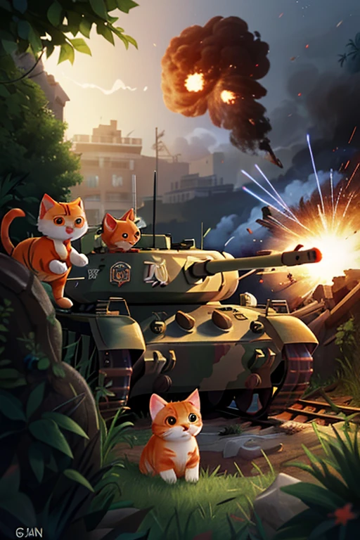 With explosions on the horizon, there are orange cat soldiers in a trench with guns on their shoulders. Tanks are coming on both sides, and generals are shouting orders
