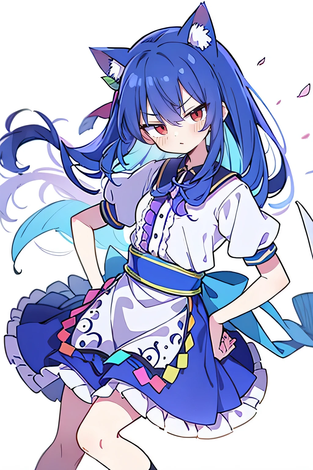(masterpiece),best quality, expressive eyes, perfect face, 1girl,
Put your hands on your waist,fair, Gorgeous,Japanese cartoons,girl,lola,Hina Angel, blue hair, blue haired, floating clothes,Grab your waist, Grab your waist, hands on hips , hands on hips,sit, sit on ground, Legs on the ground, flat chest,cat ears,Petals fall,red eyes,gentle face,