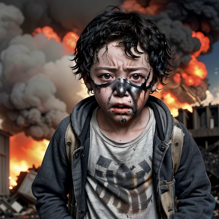 Caught in an explosion、A boy actor wearing rags and covered in soot coughing