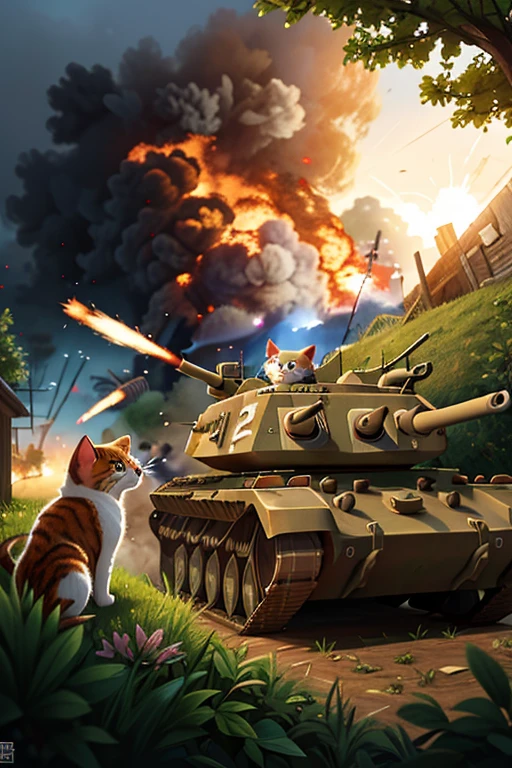 With explosions on the horizon, humenied cat soldiers are in a trench with guns on their shoulders. Tanks are coming from both sides, and generals are shouting orders.
