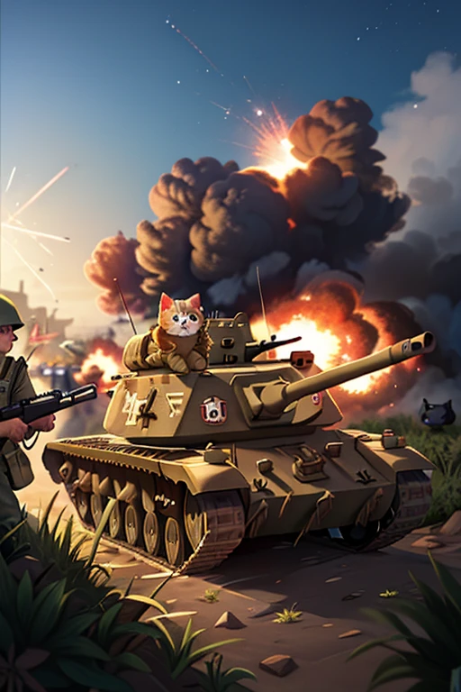 With explosions on the horizon, humenied cat soldiers are in a trench with guns on their shoulders. Tanks are coming from both sides, and generals are shouting orders.
