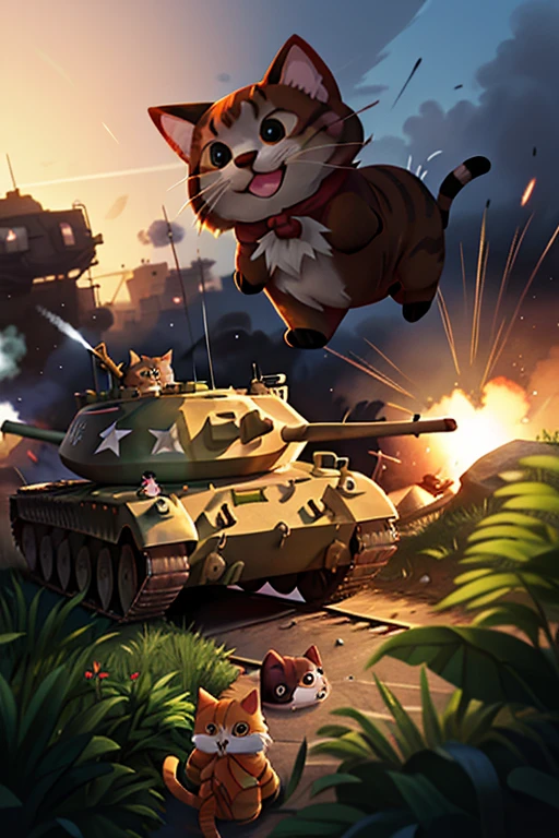 With explosions on the horizon, humenied cat soldiers are in a trench with guns on their shoulders. Tanks are coming from both sides, and generals are shouting orders.