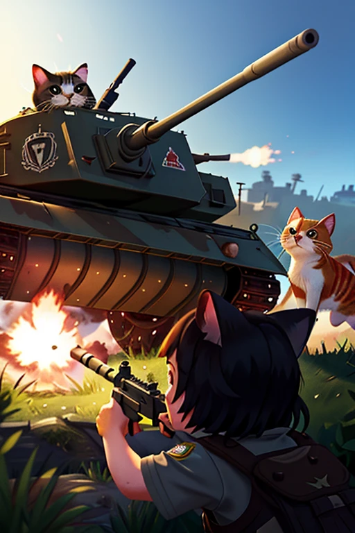 With explosions on the horizon, humenied cat soldiers are in a trench with guns on their shoulders. Tanks are coming from both sides, and generals are shouting orders.