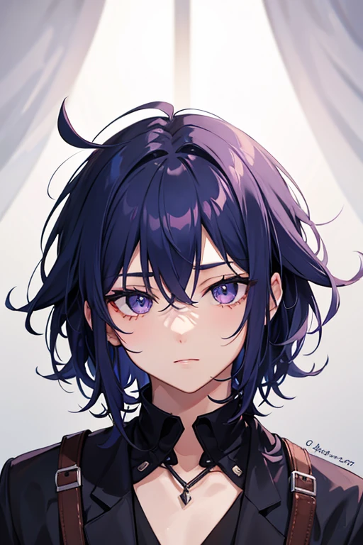 1 cute guy, messy dark blue hair, lilac eyes
