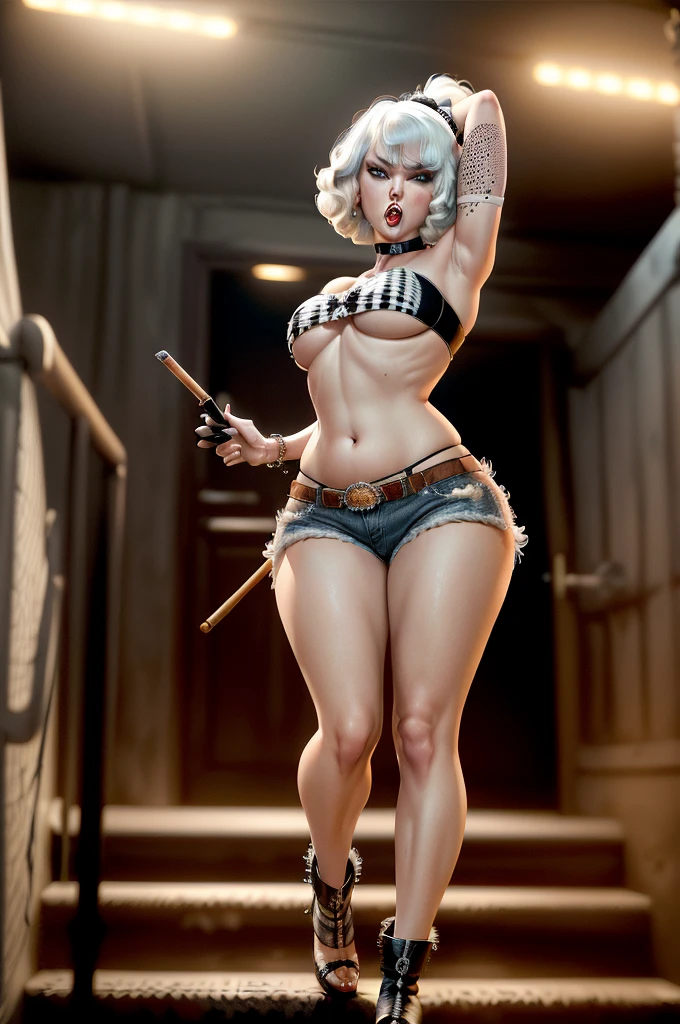 overarching theme: comedy horror, singer T swift(age 30), she is in a slutty small trailer trash queen outfit (daisy duke jean shorts with holes, tiny bikini bra, crop top that leaves breasts exposed, sexy high heel cowgirl boots, gaudy jewelry, big belly button gem), Taylor is in '101 Dalmatians' she is playing the part of Cruella de Vil (give her the iconic black and white hair scheme where one side of her hair is deep black and the other side is snowy white, and normally holding a long pipe cigarette] and trying to catch puppies to shove in her large brown bag. She has an insane hateful look on her face. highly detailed faces, show her from head to toe, full body shown, show her entire body, upscale to photo realistic, hyper realism