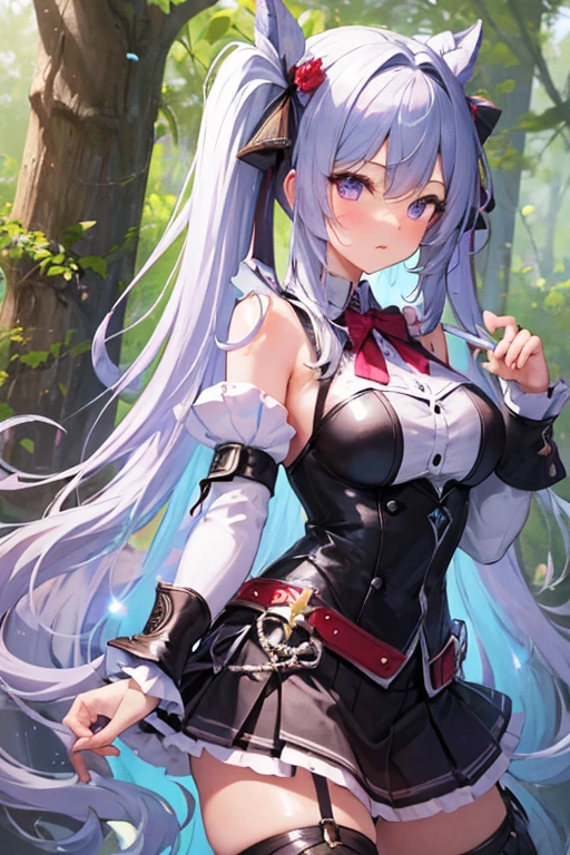 masterpiece, best quality, 1girl, light purple hair, long hair, twintails, bright purple eyes, cute, (black and silver knight armor, skirt, stockings:1.3), forest, (curvy, slim waist:1.1)