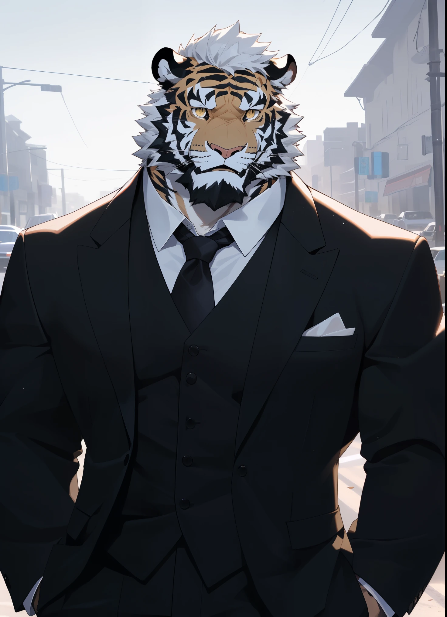 hairy,(tiger,Suit and Tie),(Serious expression:2.4),beard,Golden fur,White short hair,male,Golden Eyes,Domineering CEO,full-body shot,(Sports car parked on the roadside:2.0),Roadside,Detailed background,极其lifelike阴影,masterpiece,Very detailed,lifelike,