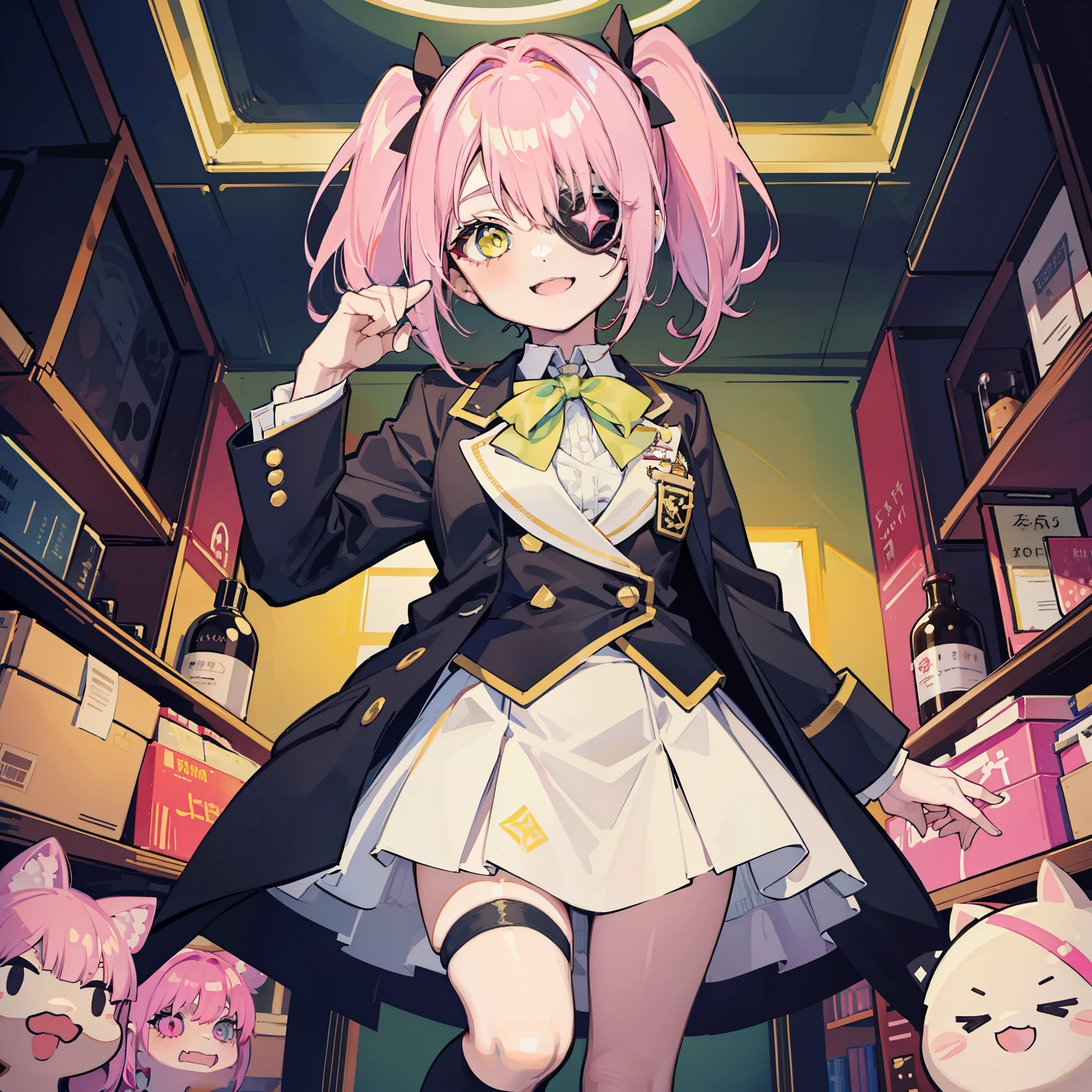 Tabletop,Very detailed,1 girl,alone,Light pink hair、Yellow-green eyes、Put an eyepatch on the left eye、Black socks、Black Uniform、Blazer uniform、A room filled with bombs and traps、Background with lots of accessories、Slanted Eyes、Naughty girl、Short pigtails、Short Twin Tails、A cheerful smile、とてもShort pigtails、Are standing