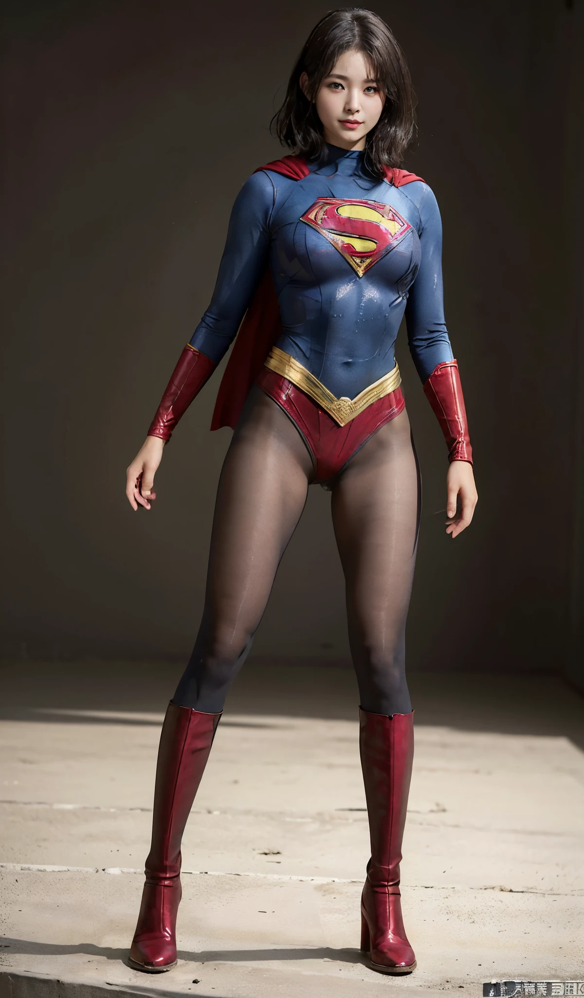 No background、(((Beautiful legs in black tights.)))、(((Legally express the beauty of your smile)))、((((Make the most of your original images)))、(((Supergirl Costume)))、(((beautiful short bob hair)))、(((suffering)))、(((Please wear black tights....、Wear red boots)))、((Best image quality、8K))、((highest quality、8K、masterpiece:1.3))、(((keep background )))、Sharp focus:1.2、Beautiful woman with perfect figure:1.4、Thin abdominal muscles:1.2、Wet body:1.5、Highly detailed face and skin texture、8K