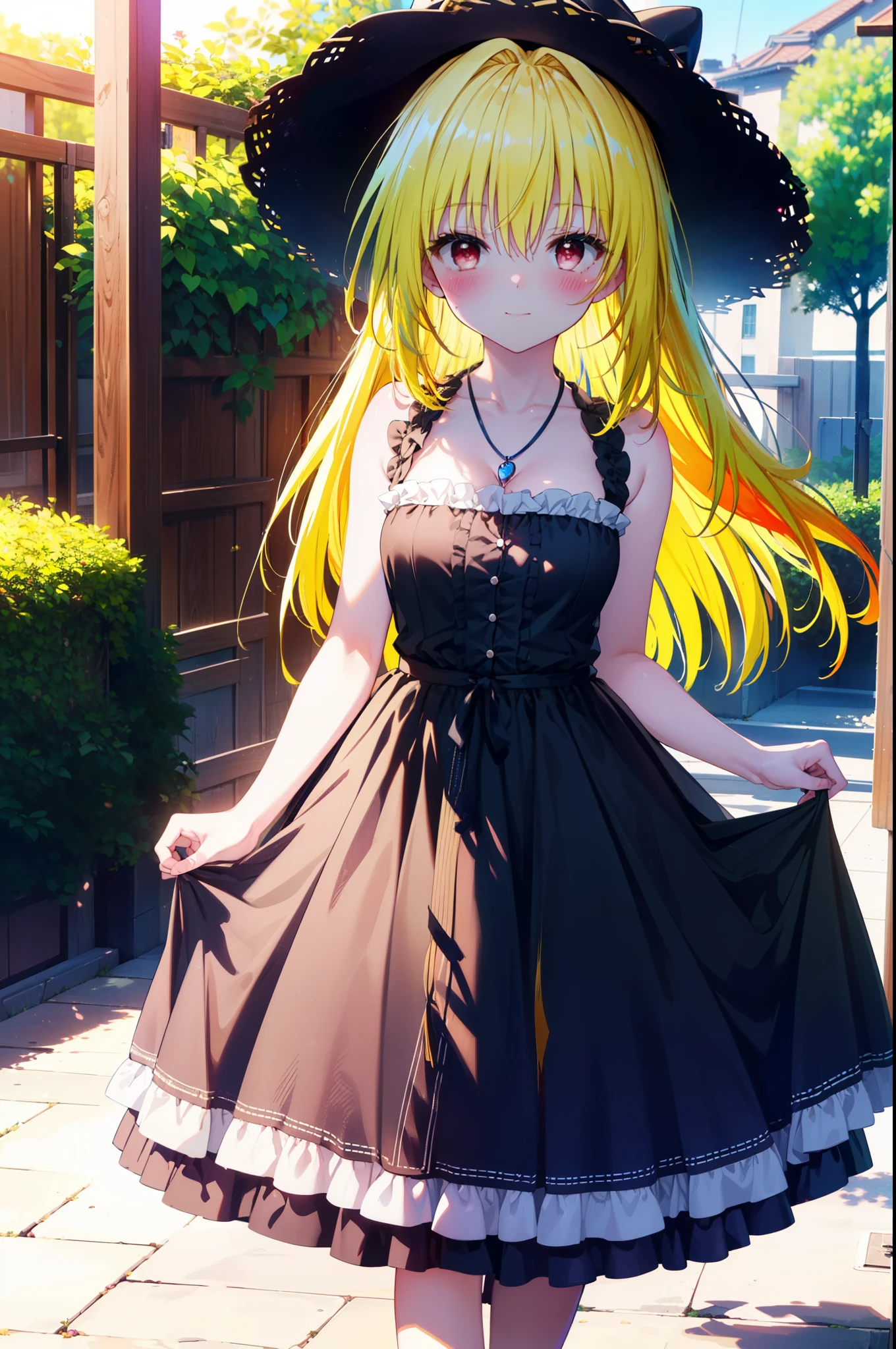 toloverumy, my, (yellow hair:1.5), Long Hair, (Red eyes:1.5), smile,blush, Embarrassing,Big straw hat,Long skirt integrated sleeveless dress,Heart Necklace,Bare arms,Bare neck cute sandals,True Summer,Daytime,
break outdoors, garden,
break looking at viewer, (Cowboy Shot:1.5),
break (masterpiece:1.2), highest quality, High resolution, unity 8k wallpaper, (figure:0.8), (Beautiful fine details:1.6), Highly detailed face, Perfect lighting, Highly detailed CG, (Perfect hands, Perfect Anatomy),
