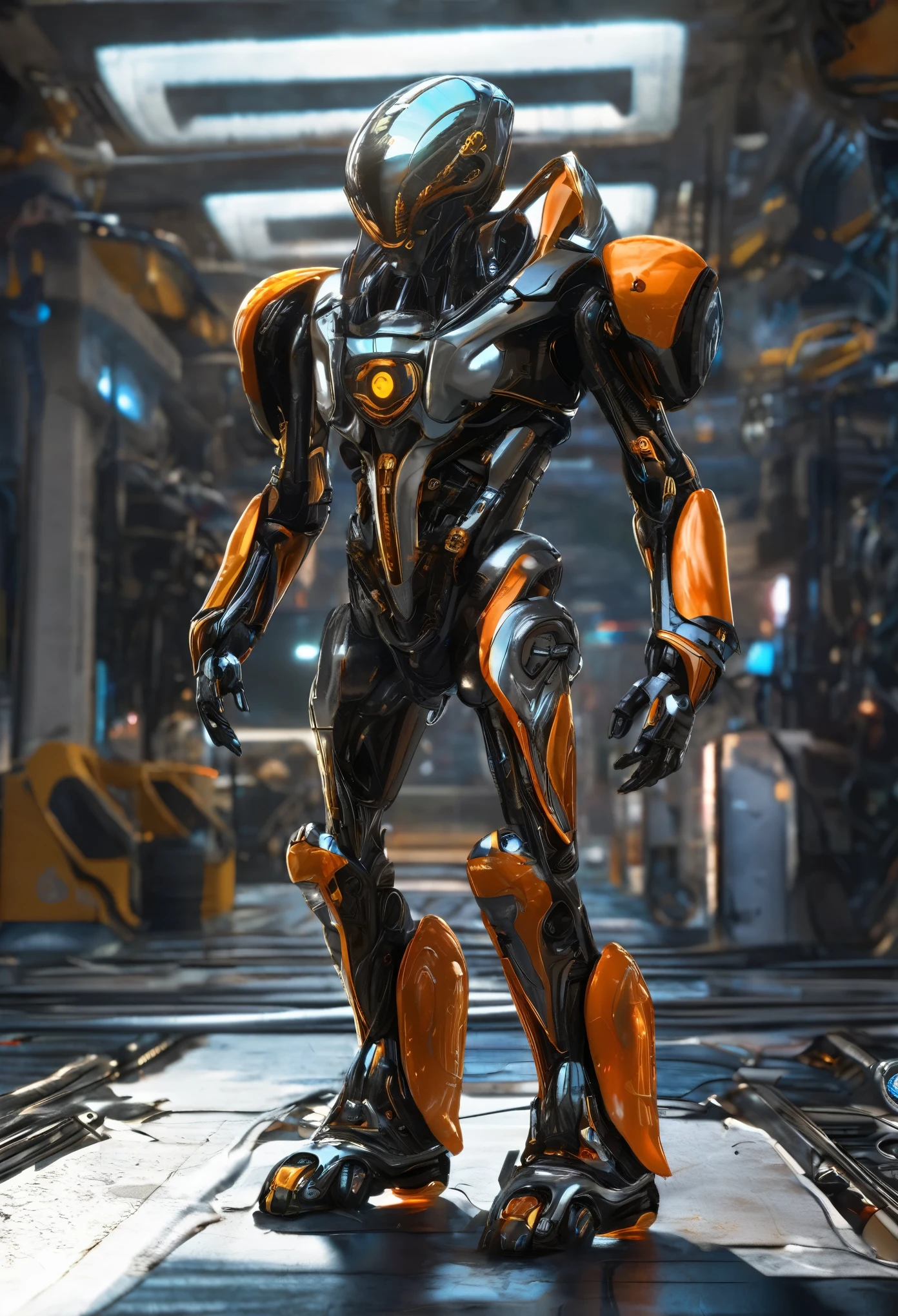 Create a highly detailed, photorealistic HDR image of a character that is a mix of alien and robot, resembling a human cyborg. The character should be depicted from head to toe, occupying a moderate portion of the composition to allow for future side and top visual effects. Design the character with shiny orange chrome and shiny black chrome, giving him a futuristic, mechanical look. Illuminate the character from behind to highlight their features and reinforce their commanding presence, while using a 16:9 aspect ratio to give a cinematic feel to the scene, highlighting the contrast between the bright elements and the dark background. The ground should look like flowing water with strange ripples that create a shiny surface and reflect the image of the cyborg. Include a glitch effect to end with a scatter effect.
